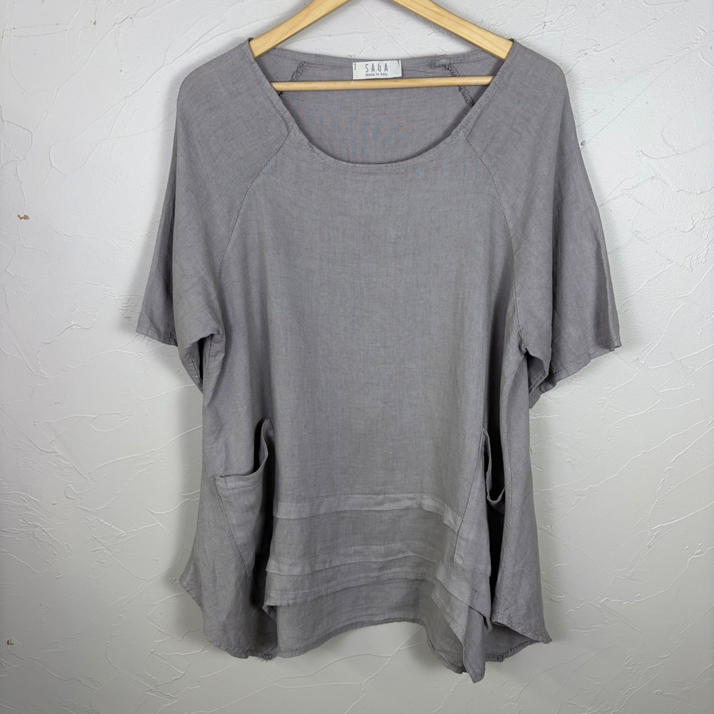 Saga Linen Tunic Top Women OS Gray Short Sleeve Layered Pocket Lagenlook Italy